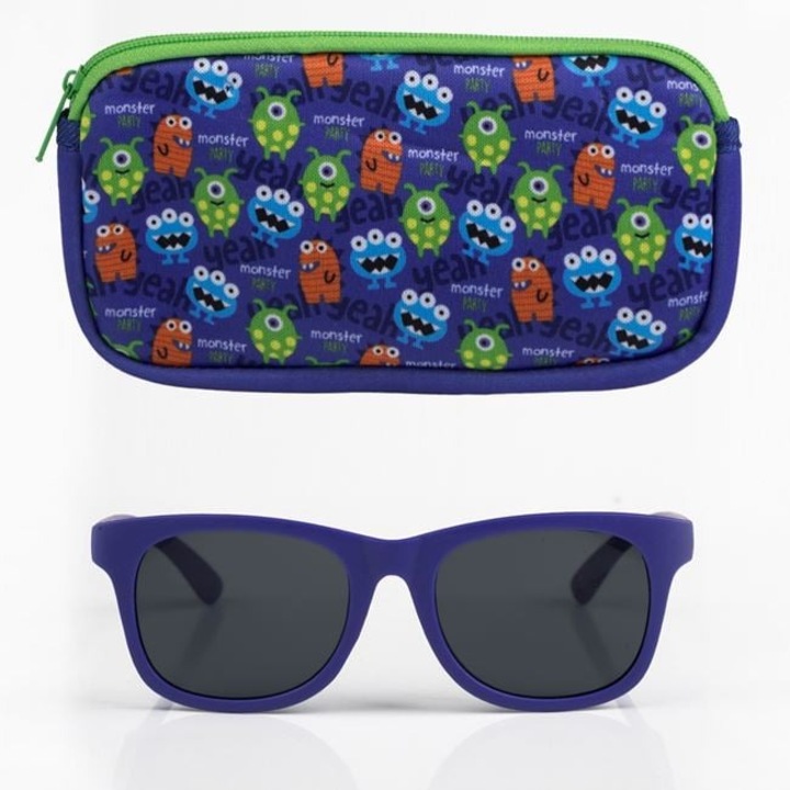 ANTBRO® Fiú Gyermek Napszemüveg Szett – Kék Keret + Szörny mintás tok – UV védelem, Vidám nyári kiegészítő, Ideális strandra és nyaraláshoz