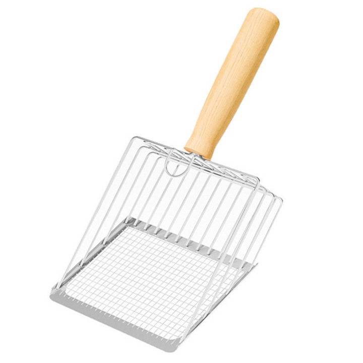 Fém alomlapát, 2 az 1-ben dupla szűrővel, 27,5 × 13,5 cm, ezüst színű, fa nyéllel és akasztóval