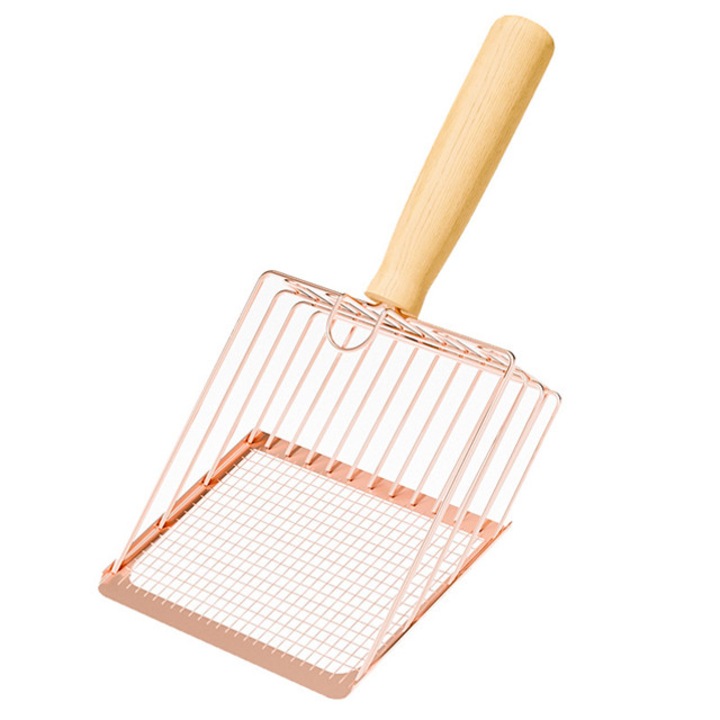 Lopata metalica pentru litiera, sita dubla 2-in-1, 27.5×13.5 cm, cu maner din lemn si carlig pentru agatare