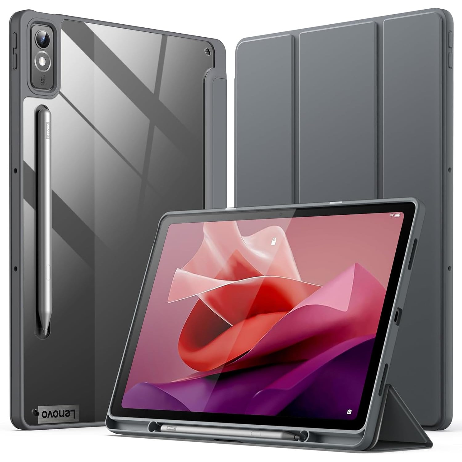 Husa premium pentru Lenovo Tab P12 (TB370FU)/Lenovo Idea Tab Pro(TB-373FU), 12.7'', Sigloo, suport Smart Pen, spatele din policarbonat transparent, rezistent la socuri, Black