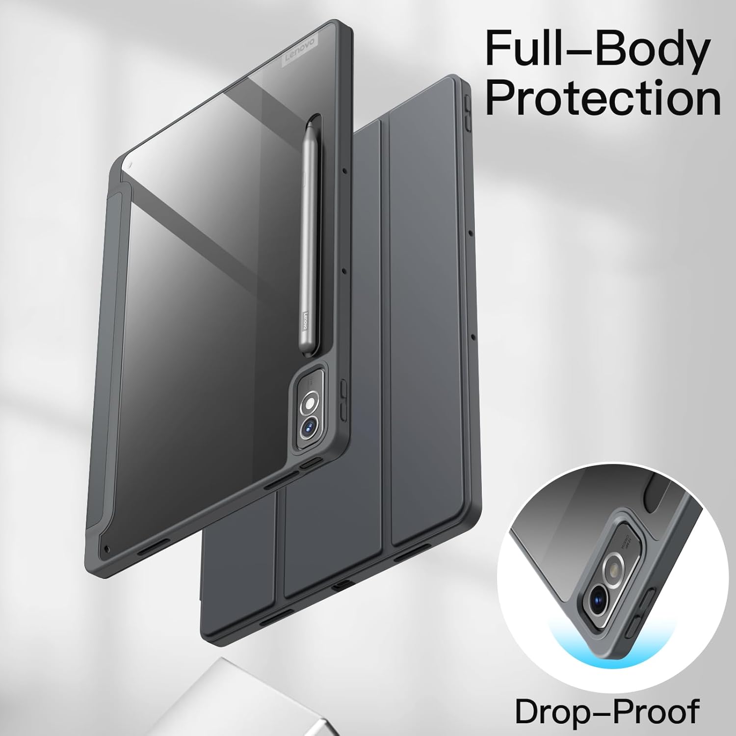 Husa premium pentru Lenovo Tab P12 (TB370FU)/Lenovo Idea Tab Pro(TB-373FU), 12.7'', Sigloo, suport Smart Pen, spatele din policarbonat transparent, rezistent la socuri, Black