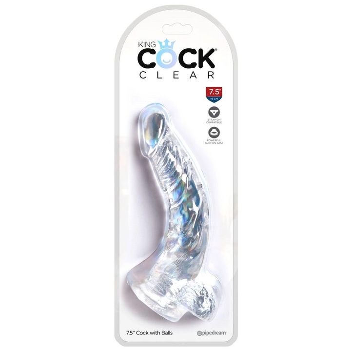 Dildó, King Cock Clear, 21.6cm, átlátszó, tapadókorongos, ívelt profil