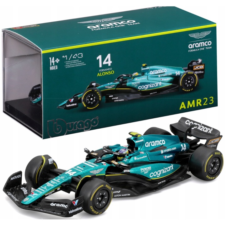 Fém autómodell, Bburago Aston Martin AMR23 Fernando Alonso, zöld, 11x4x2,5cm