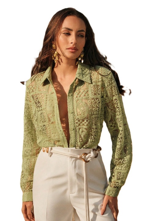 Camasa Dama, Eleganta, Brodata Cu Dantela, Verde