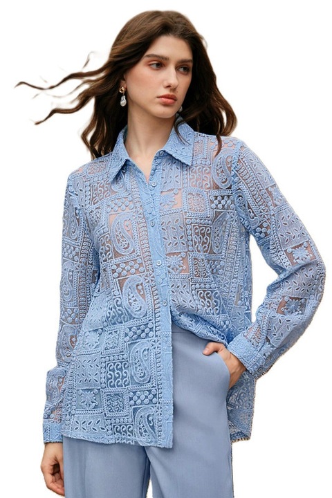 Camasa Dama, Eleganta, Brodata Cu Dantela, Albastru