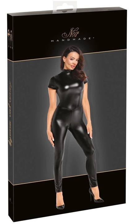 Szexi salopeta, fekete, testhezálló, magas gallérral, fekete, powerwetlook anyag, M INTL