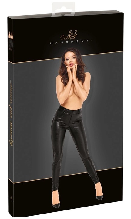 Szexi fekete nadrág kígyóbőr utánzatból, rugalmas, matt-fényes, kétirányú cipzárral, L INTL