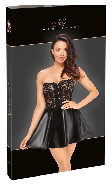 Szexi ruha, fekete, pánt nélküli, fekete csipke, fűző, S INTL