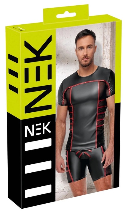 Tricou NEK, negru cu rosii, insertii din plasa, material, Negru, 2XL