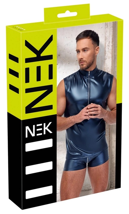 Tricou barbati, NEK, albastru, metalic mat, fara maneci, poliester