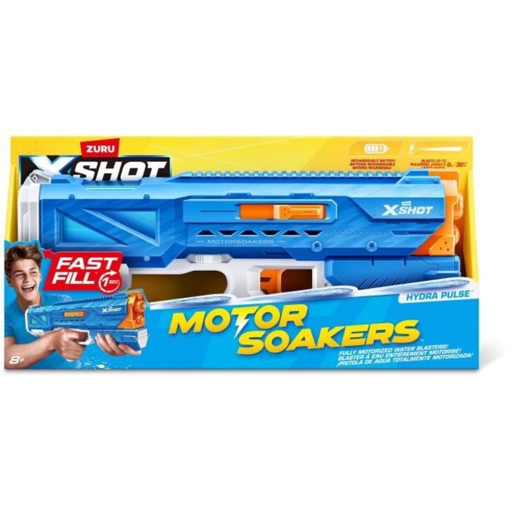 Motoros vízipisztoly, ZURU, X-SHOT Hydra Pulse, gyors utántöltés, újratölthető akkumulátor, 9 m, 650 ml