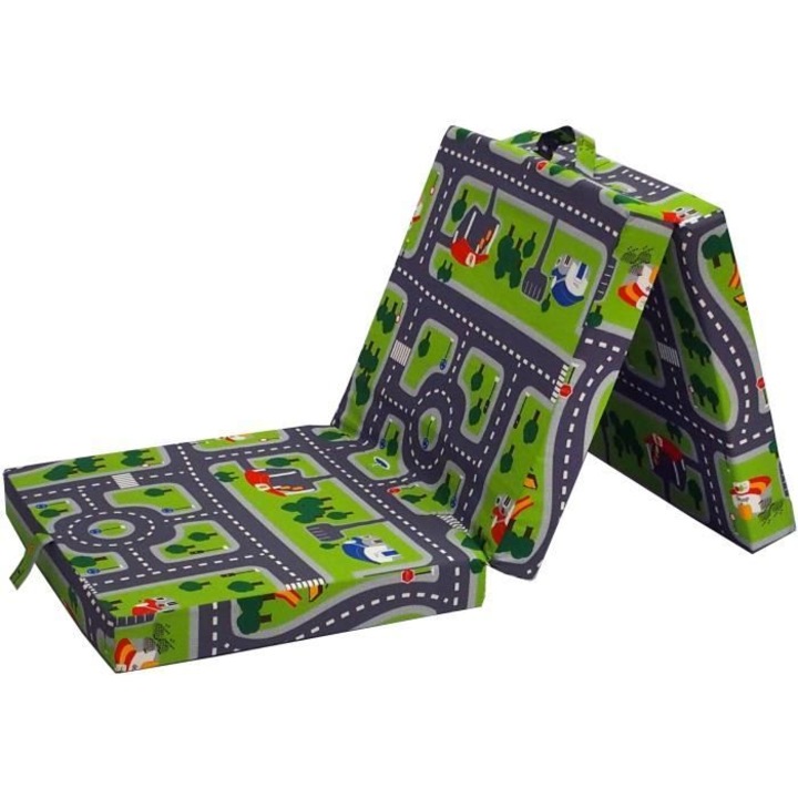Saltea pliabila pentru copii SAMBA, verde, model strada, 190x70x9cm