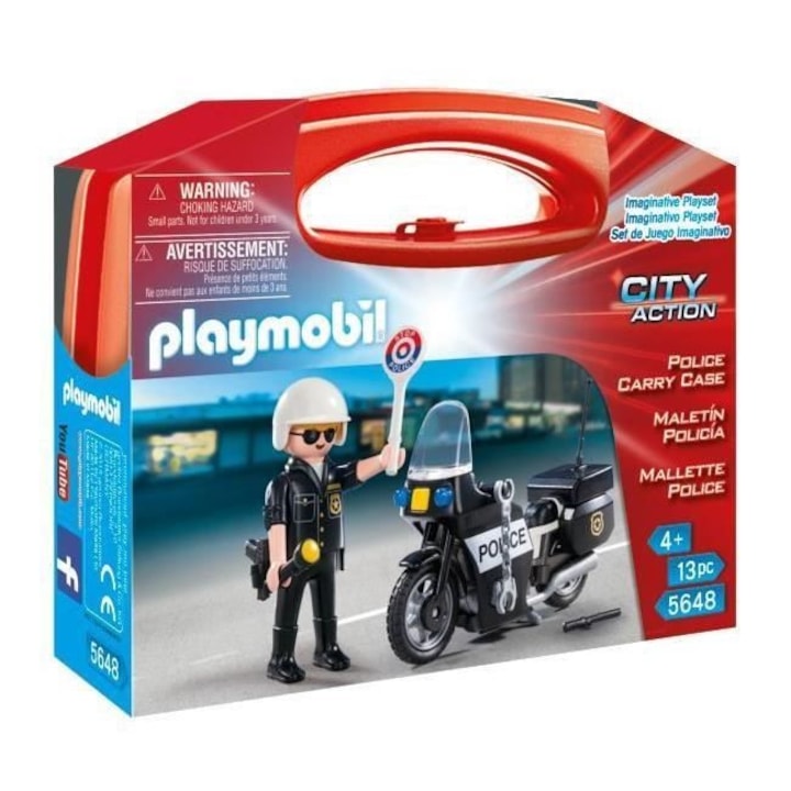 Set figurine Playmobil - Suitcase motociclist politist - 13 piese - pentru baieti - de la 4 ani