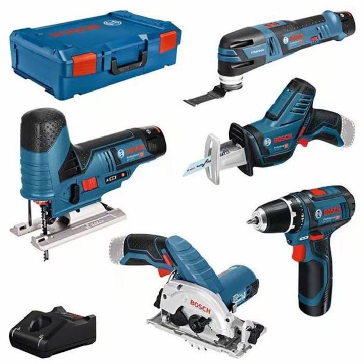 Комплект от 5 акумулаторни инструмента Bosch Professional (GST + GOP + GSA + GSR + GKS) с 3 батерии 3Ah, зарядно устройство и кутия L-BOXX