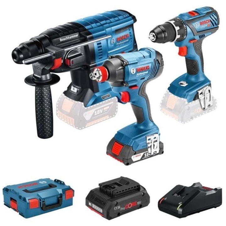 Професионален комплект от 3 инструмента Bosch 18V: GSR 18V-28, GBH 18V-20, GDX 18V-180 L