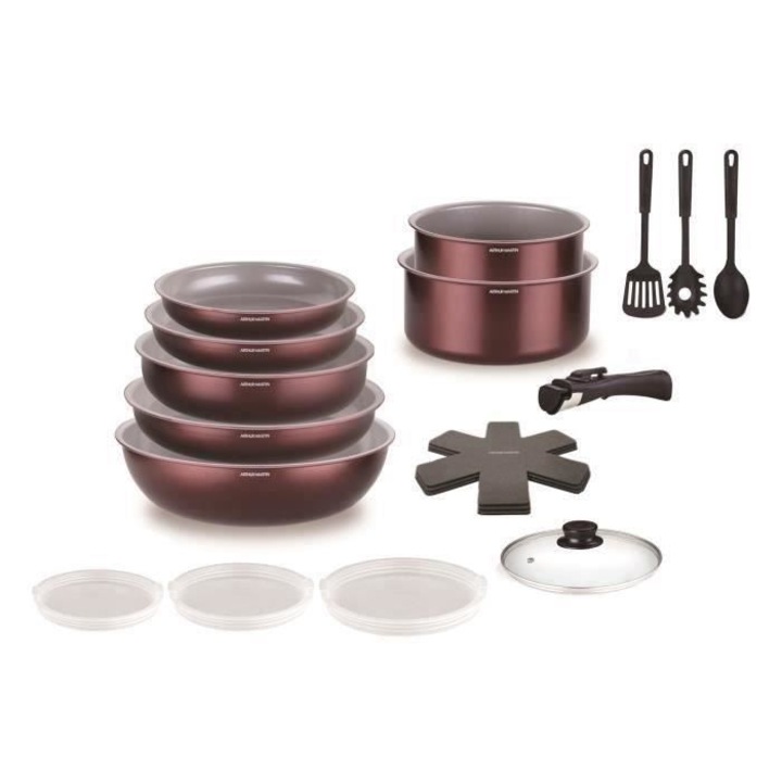 Set oale si cratite Arthur Martin, 18 piese, aluminiu, maner detasabil, pentru toate tipurile de plite