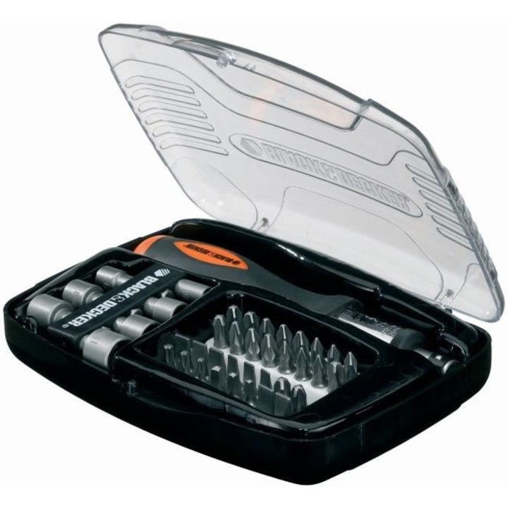 Black+Decker Tournvis kulcskészlet tartozékokkal (40 darab), fekete