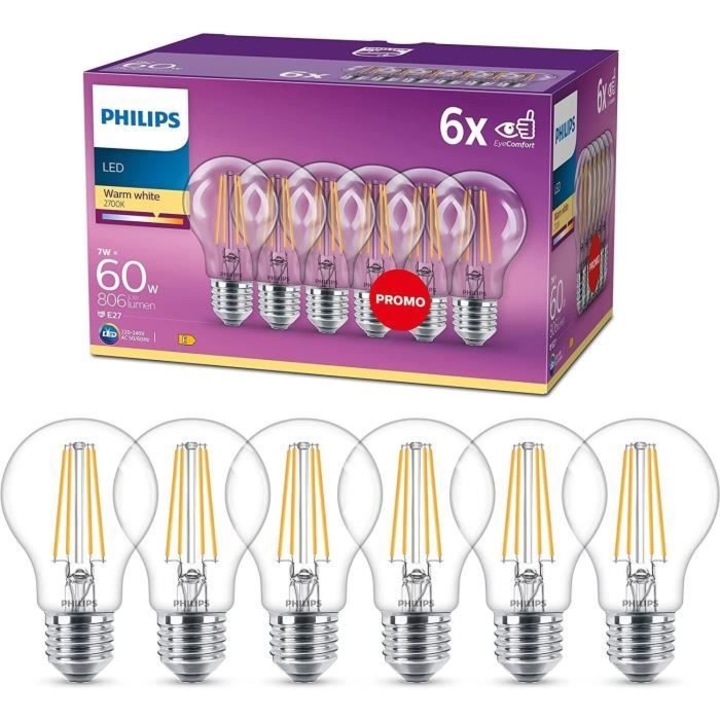 Комплект от 6 LED крушки Philips, E27, 60W, Топло бяло, Прозрачно