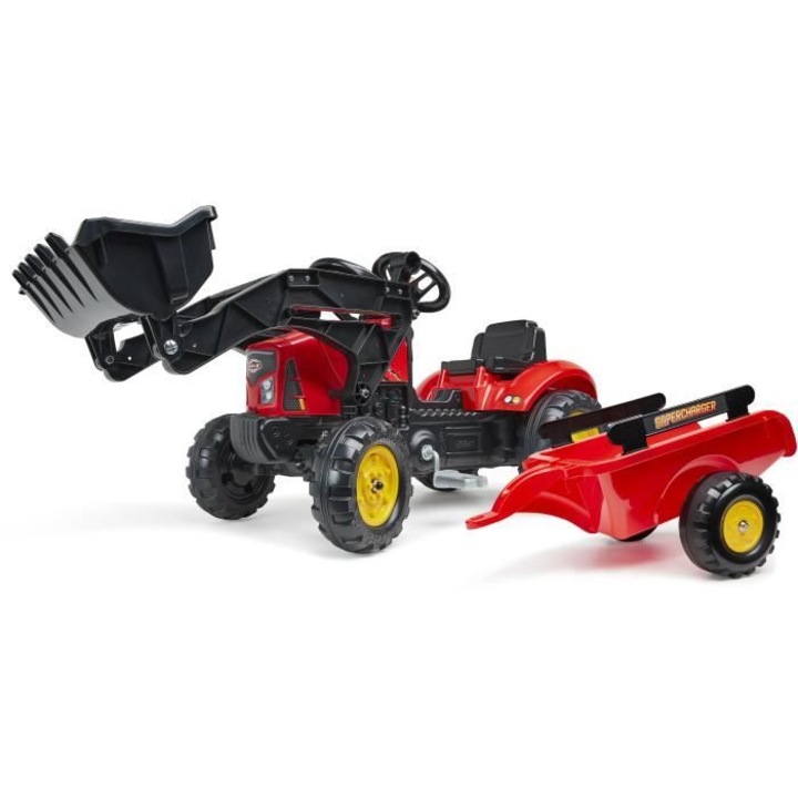 Tractor cu pedale Falk Red Supercharger, cu capota deschisa si remorca, rosu