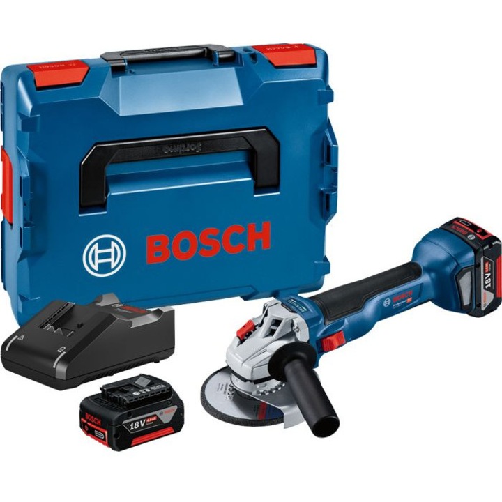 Ъглошлайф Bosch Professional GWS 18V-10, комплект с 2 батерии 4.0Ah и GAL 18V-40, L-BOXX