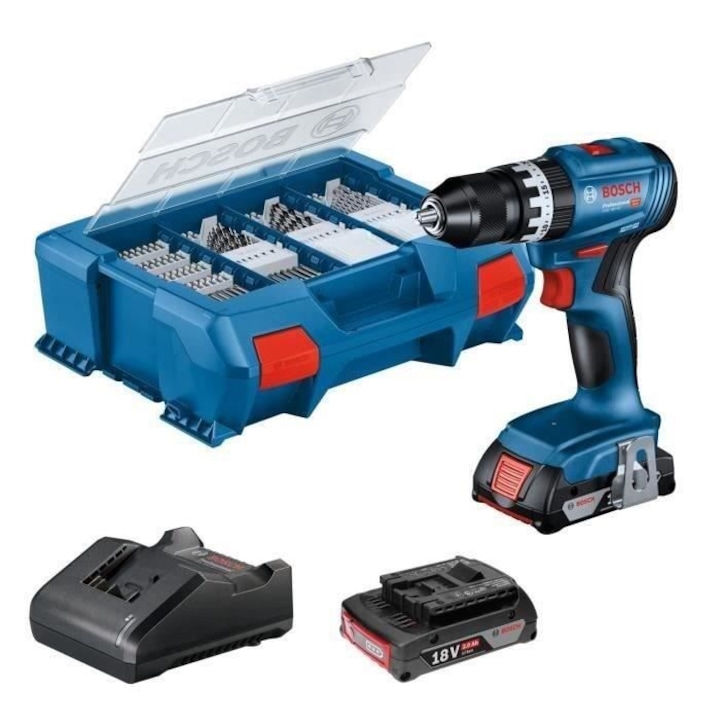 Bosch Professional GSB 18V-45 fúró-csavarozó, 2 db 2.0AH akkumulátor, Gal 18V-20 töltő, 82 darabos készlet