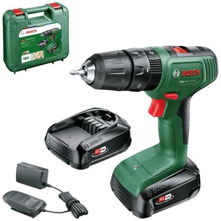 Винтоверт Bosch, EasyImpact, 18V40, 2 батерии 2.0Ah, Зарядно устройство AL18V-20, Зелен, Куфар за носене