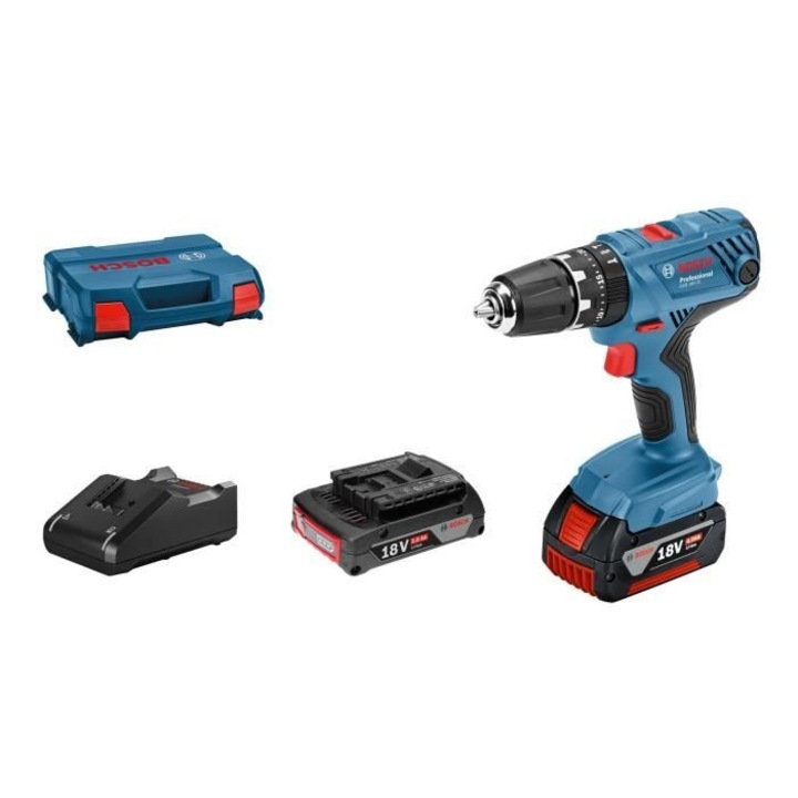 Bosch Professional GSR 18V fúró és csavarhúzó, készlet 2 db 2.0Ah és 4.0Ah akkumulátorral, töltővel, L-CASE-szel
