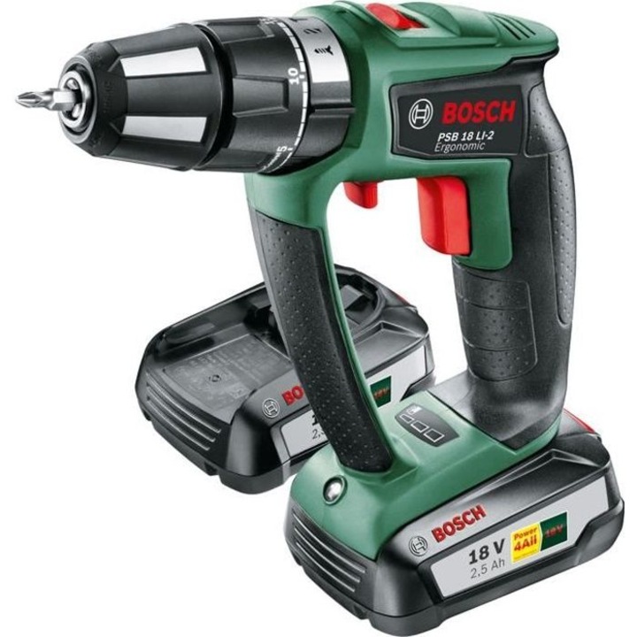 Bosch PSB 18 li ergonomikus fúró-csavarozó, 2 db 2,5 Ah-s akkumulátorral, szénkefe nélküli