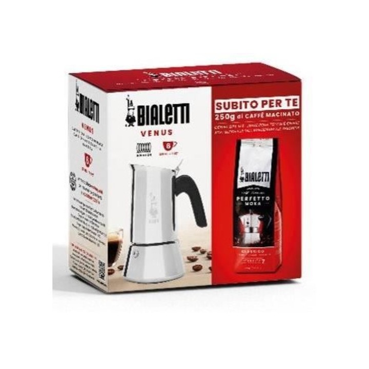 Кафемашина за котлон Bialetti Venus 6 чаши 0.30 L, комплект с кафе Perfetto Moka Classico 250 g, сребрист