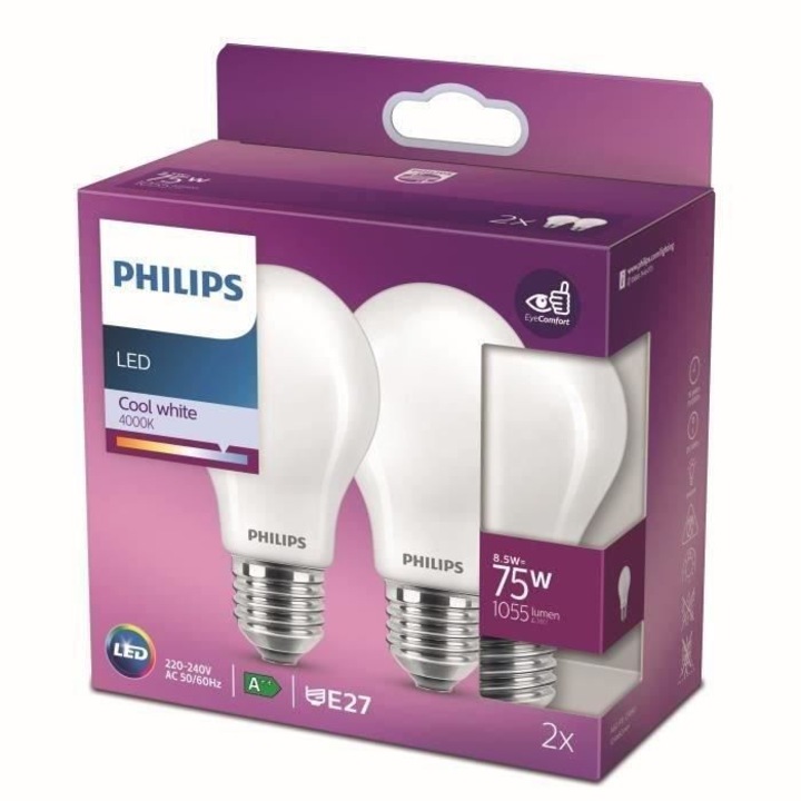 LED крушки Philips 75W E27 Студено бяло, комплект от 2