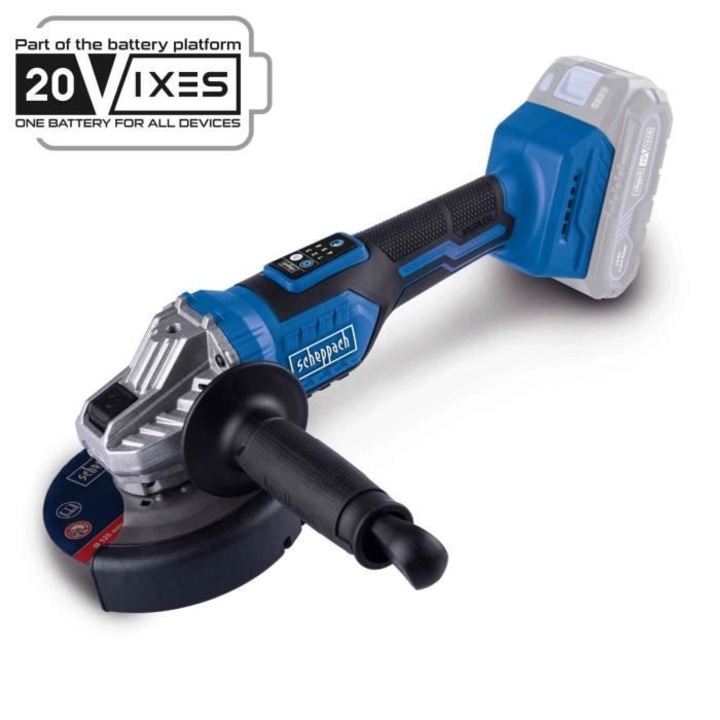Szénkefe nélküli sarokcsiszoló, Scheppach, 20V IXES, 125 mm, akkumulátor és töltő nélkül