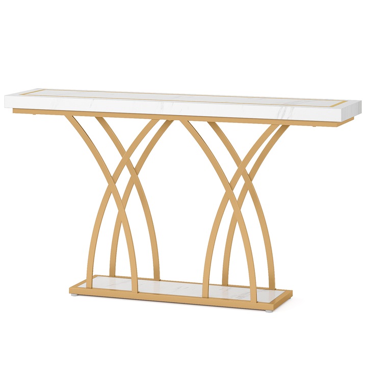 Декоративна маса за хол/антре, модел с бял/златист фурнир, имитация на мрамор, 140 см