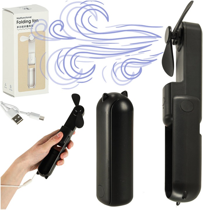 Mini ventilator portabil USB 2in1, negru, 11.5x3.5x3.5cm