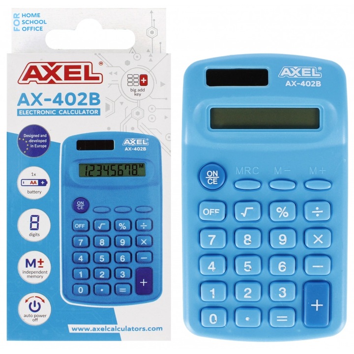 Számológép Euro-Trade AX-402B, 6x12x2cm, kék, irodai és iskolai használatra, elemmel együtt