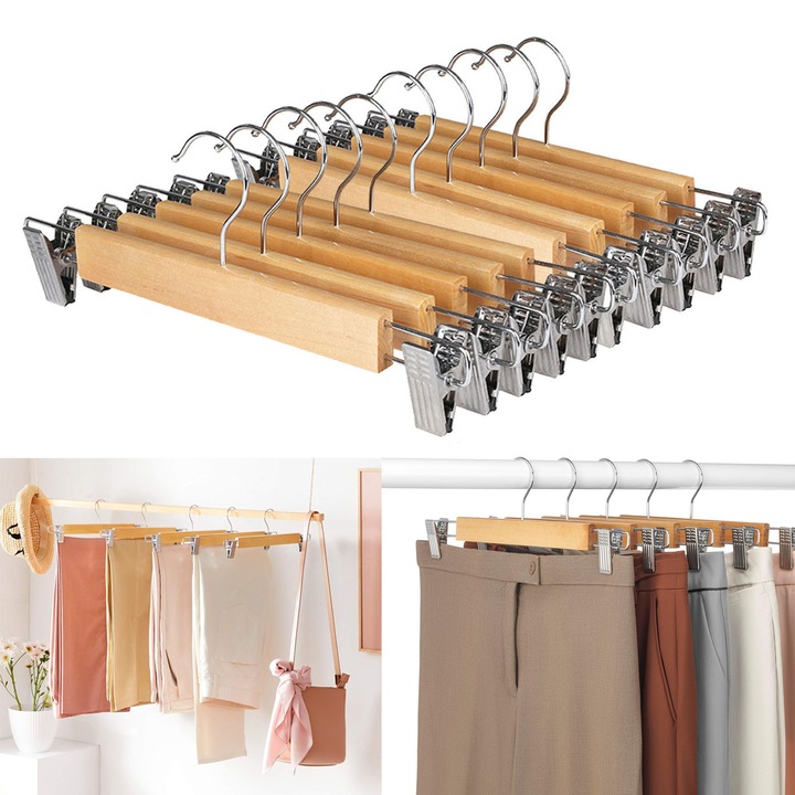 Set 10 umerase lemn, SINBINTA, Carlig rotativ 360°, Cu clipsuri metalice reglabile pentru pantaloni si fuste, Design robust si elegant, Ideal pentru organizare uniforma, haine office sau casual, Pentru dulapuri sau standere, Natur