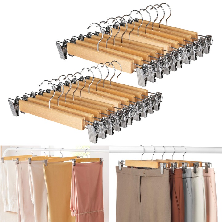 Set 20 umerase lemn, SINBINTA, Carlig rotativ 360°, Cu clipsuri metalice reglabile pentru pantaloni si fuste, Design robust si elegant, Ideal pentru organizare uniforma, haine office sau casual, Pentru dulapuri sau standere, Natur