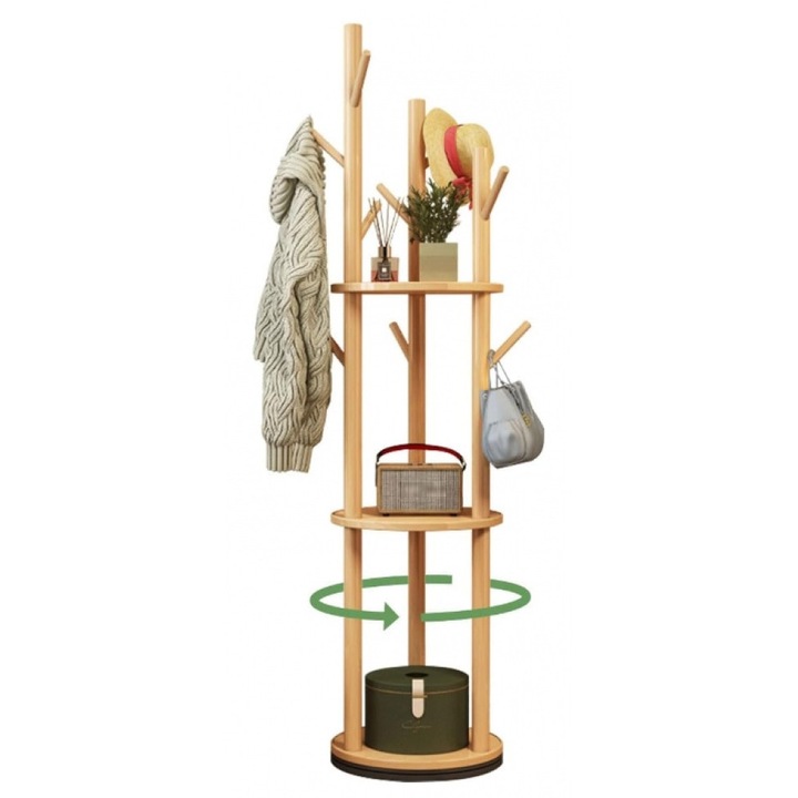 Въртяща се закачалка Taotigzu, стойка за дрехи тип дърво с 3 рафта и 9 куки, подова закачалка за антре, коридор, спалня, 40x40x165см, Ефект естествено дърво Дърво Всекидневна Дърво