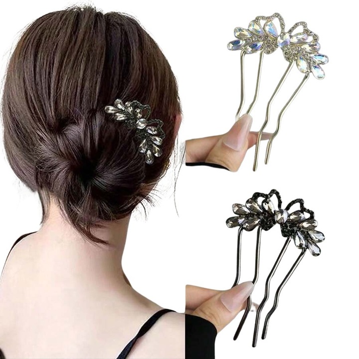 Комплект от 2 U-образни метални щипки за коса, DANATI, Голяма кристална декорация с пеперуда за кок, Черно/Прозрачно златисто, 7 x 10 см