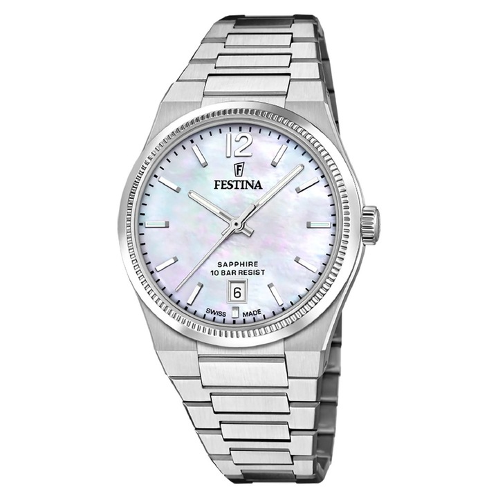 Ceas dama Festina F20052-1, inox, 35mm, bratara argintie, rezistent la apa 100m