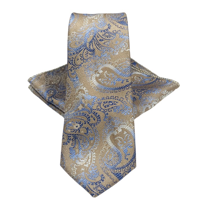 Set cravata slim cu batista Paisley ETHAN, PRAVALIA CU SURPRIZE, Albastru/ Bej