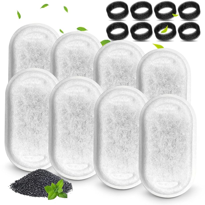 Set 8 Filtre Bumbac+8 Bureti de Prefiltrare AYSTOAYS®, pentru Dispenser de Apa Animale Tip Adapator, Accesorii Purificare si Filtrare Tripla pentru Fantana Pisici si Caini, Elimina Eficient Firele de Par si Impuritatile, Compatibile Fantani Inox Negru/Alb