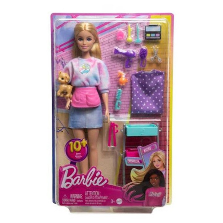 Barbie Malibu Stylista baba, rózsaszín ruha, pöttyös blúz