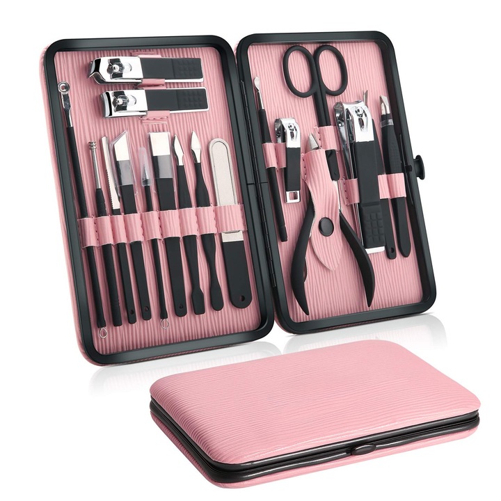 Trusa manichiura profesionala 18 piese, pentru manichiura, pedichiura, cu etui depozitare, Negru&Roz, Otel inoxidabil, instrument practic, exfoliant, instrument de slefuit