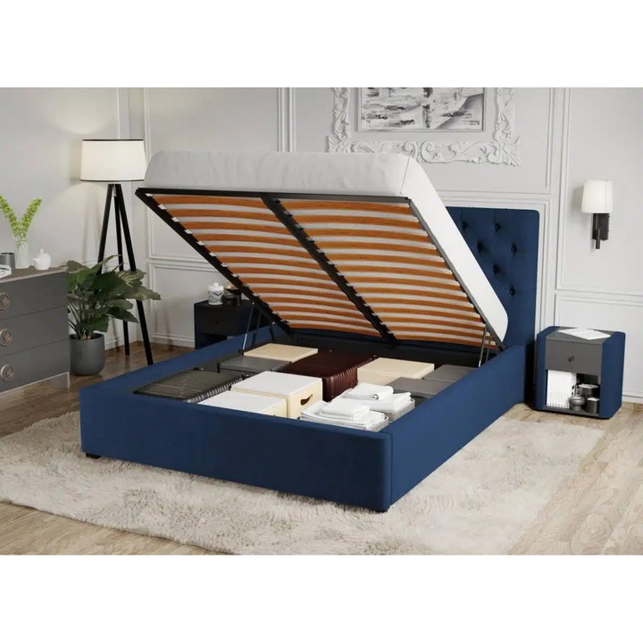 Pat Tapitat Catifea, Riviera cu Somiera Rabatabila, 160x200, Albastru inchis/Velluto 25