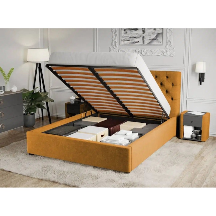 Pat Tapitat Catifea, Riviera cu Somiera Rabatabila, 140x200, Galben mustar/Velluto 8