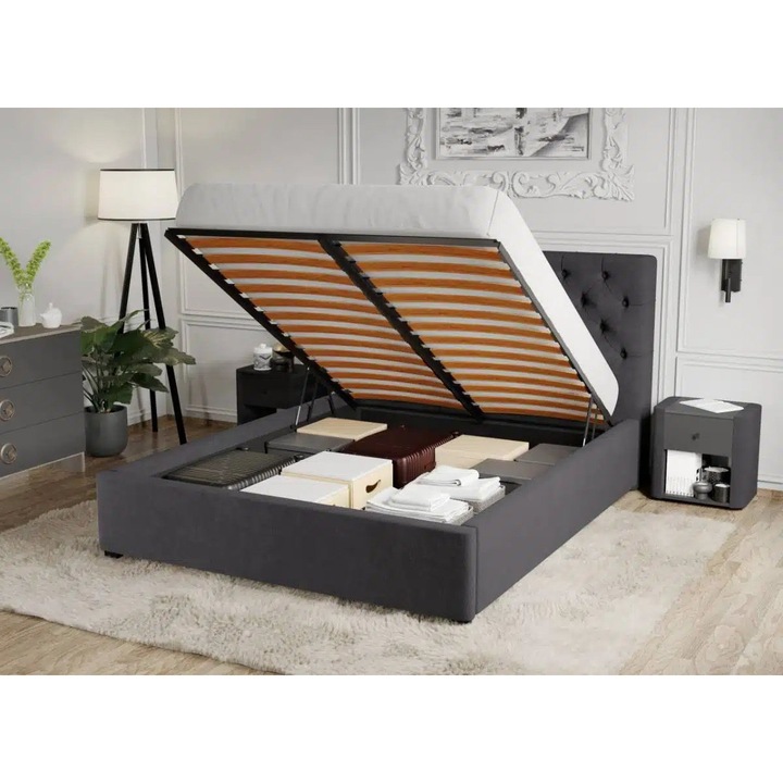 Pat Tapitat Catifea, Riviera cu Somiera Rabatabila, 160x200, Gri Inchis/Velluto 19