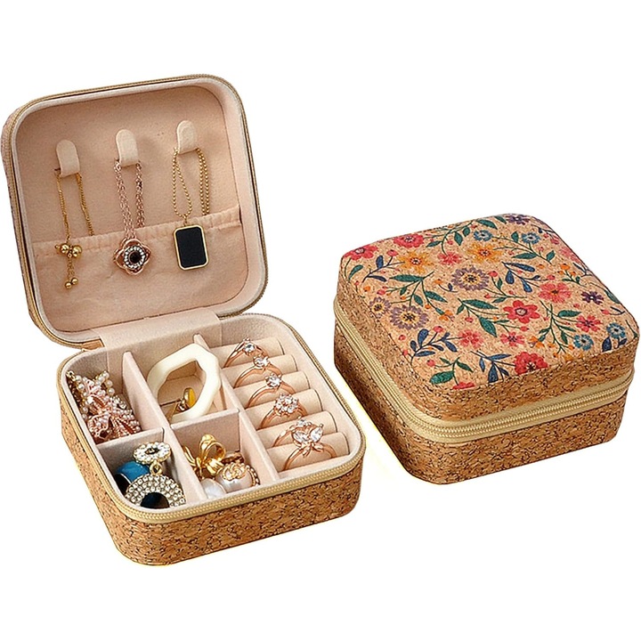 Кутия Органайзер за Бижута за Пътуване, Мини Портбижута за Аксесоари - Пръстени, Колиета, Обеци, Лека и Компактна, 10x10x5 см, Винтидж Флорален Модел, Кафяв/Многоцветен