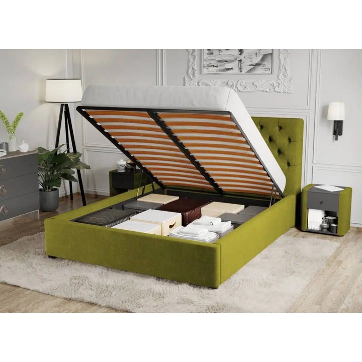 Pat Tapitat Catifea, Riviera cu Somiera Rabatabila, 140x200, Verde deschis/Velluto 9