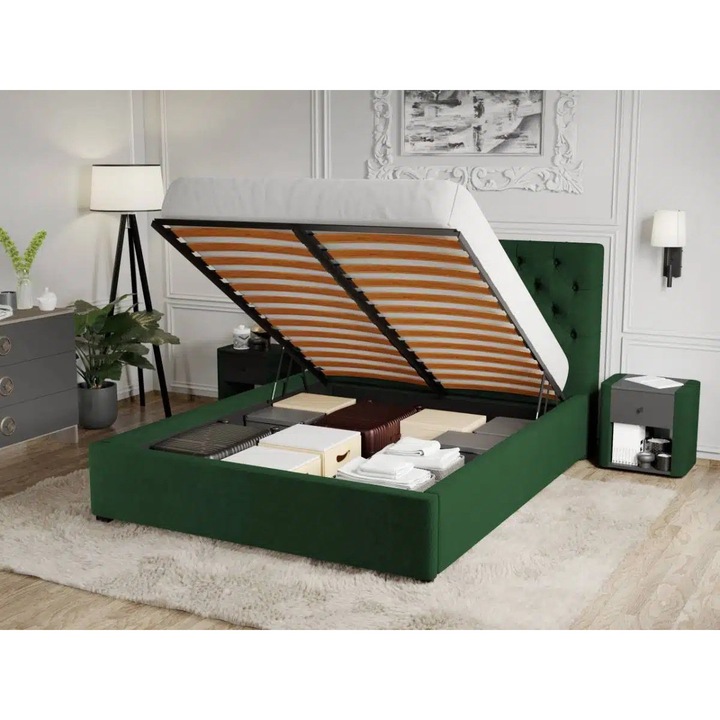 Pat Tapitat Catifea, Riviera cu Somiera Rabatabila, 140x200, Verde inchis/Velluto 27