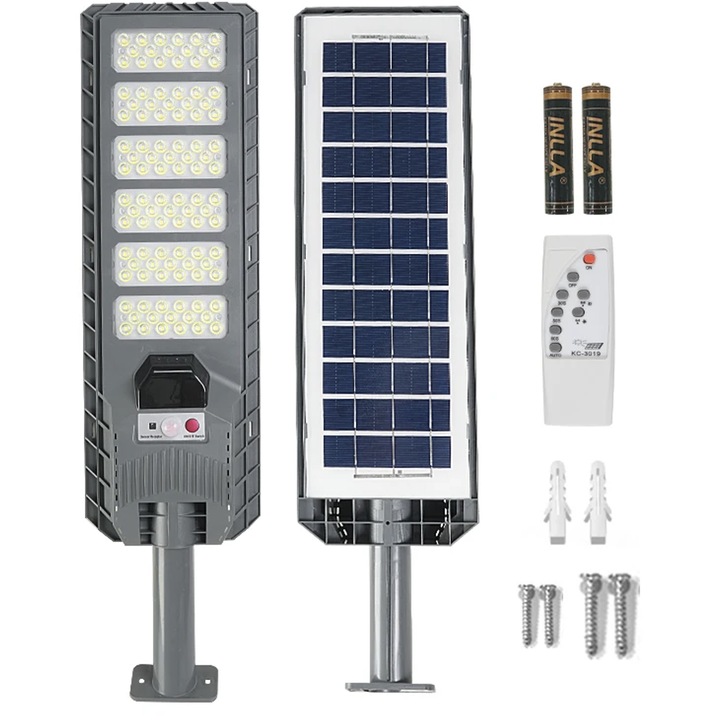 TNS® Външна LED соларна лампа, 600W, сензор за движение, вграден соларен панел, светлинен поток 8000lm, 167 светодиода, студено бяла светлина 6500k, включени монтажни аксесоари, дистанционно управление, IP65 защита, сива